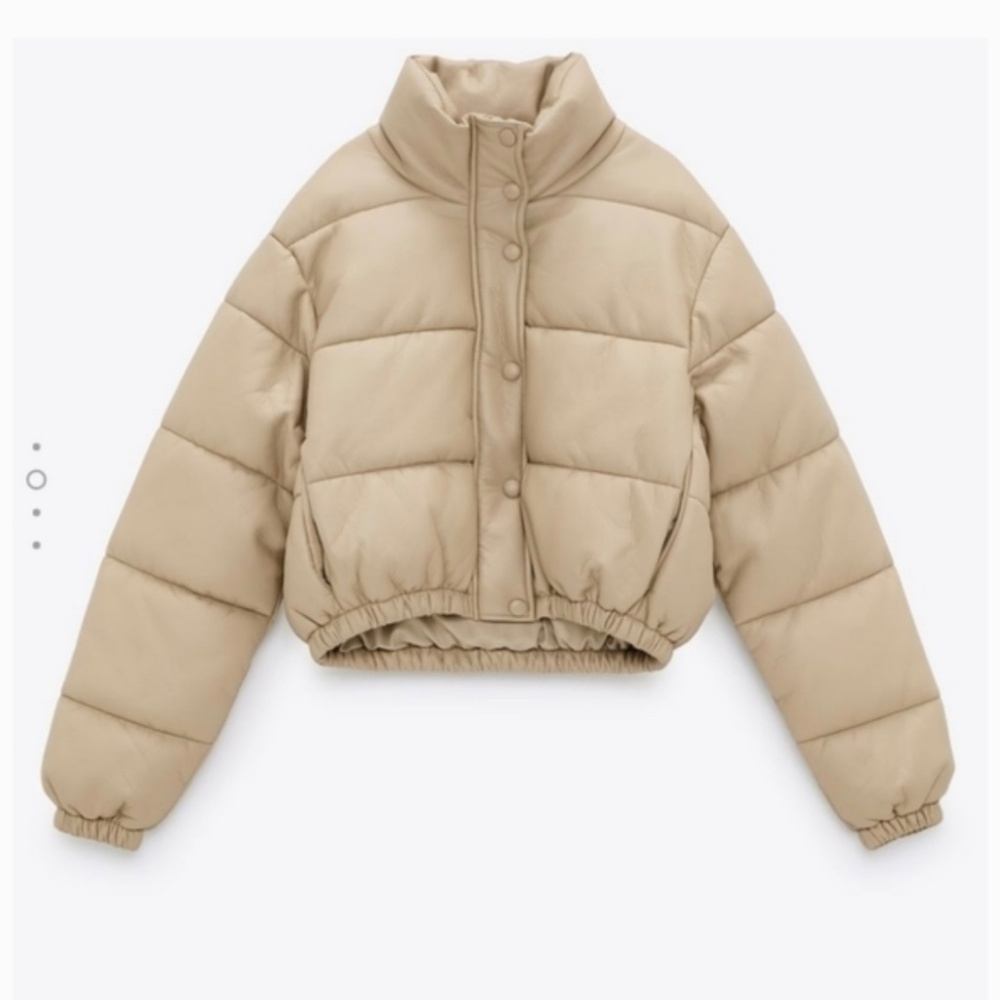 Cropped Faux Leather Puffer Jacket Cream